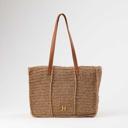 Cartera Tote Mona Tipo Rafia Tejida Café Playa Humana
