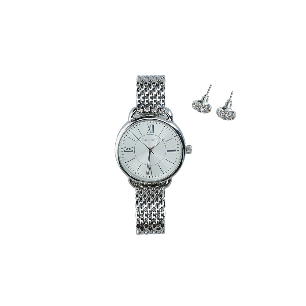 Reloj Plateado Shine + aros Tatienne