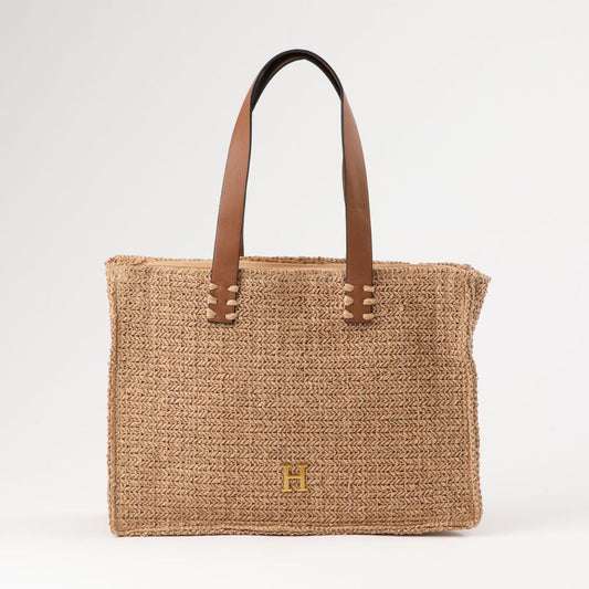 Cartera Tote Meli Tipo rafia tejida café Playa Humana