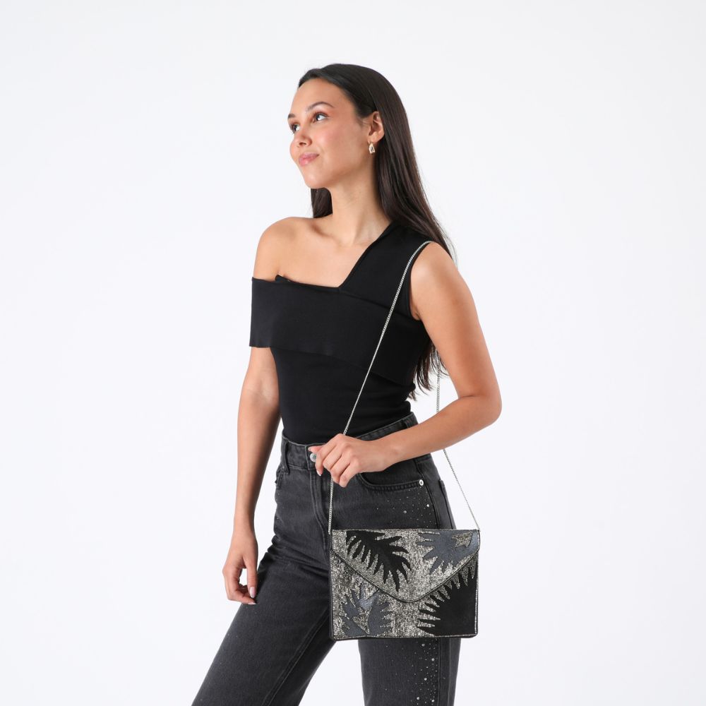 Cartera De Fiesta Mostacilla Hojas Plateado Humana