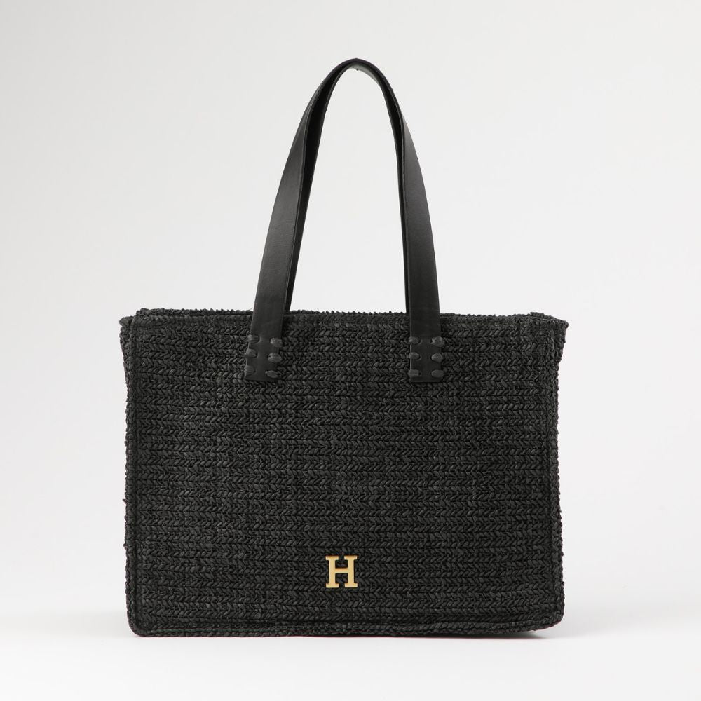 Cartera Tote Meli Tipo rafia tejida negro Playa Humana