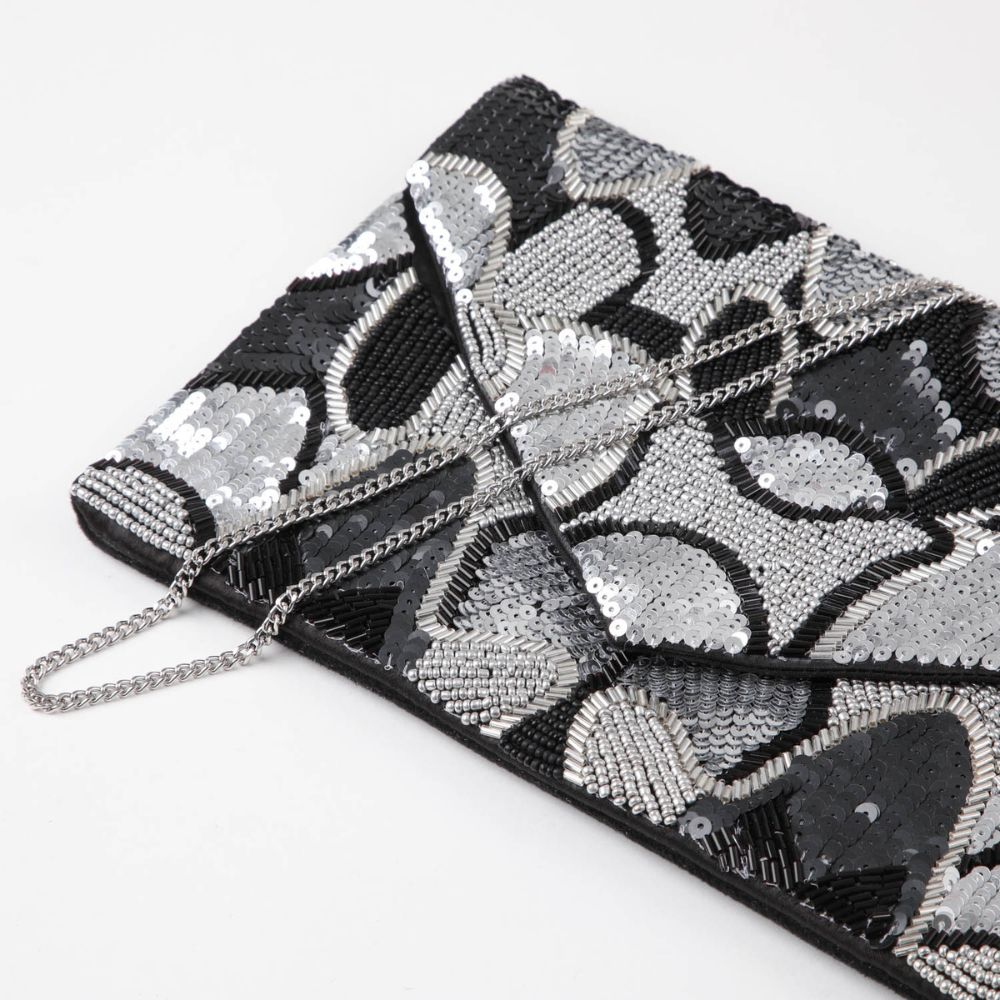 Cartera De Fiesta Mostacilla Floral Negro Humana