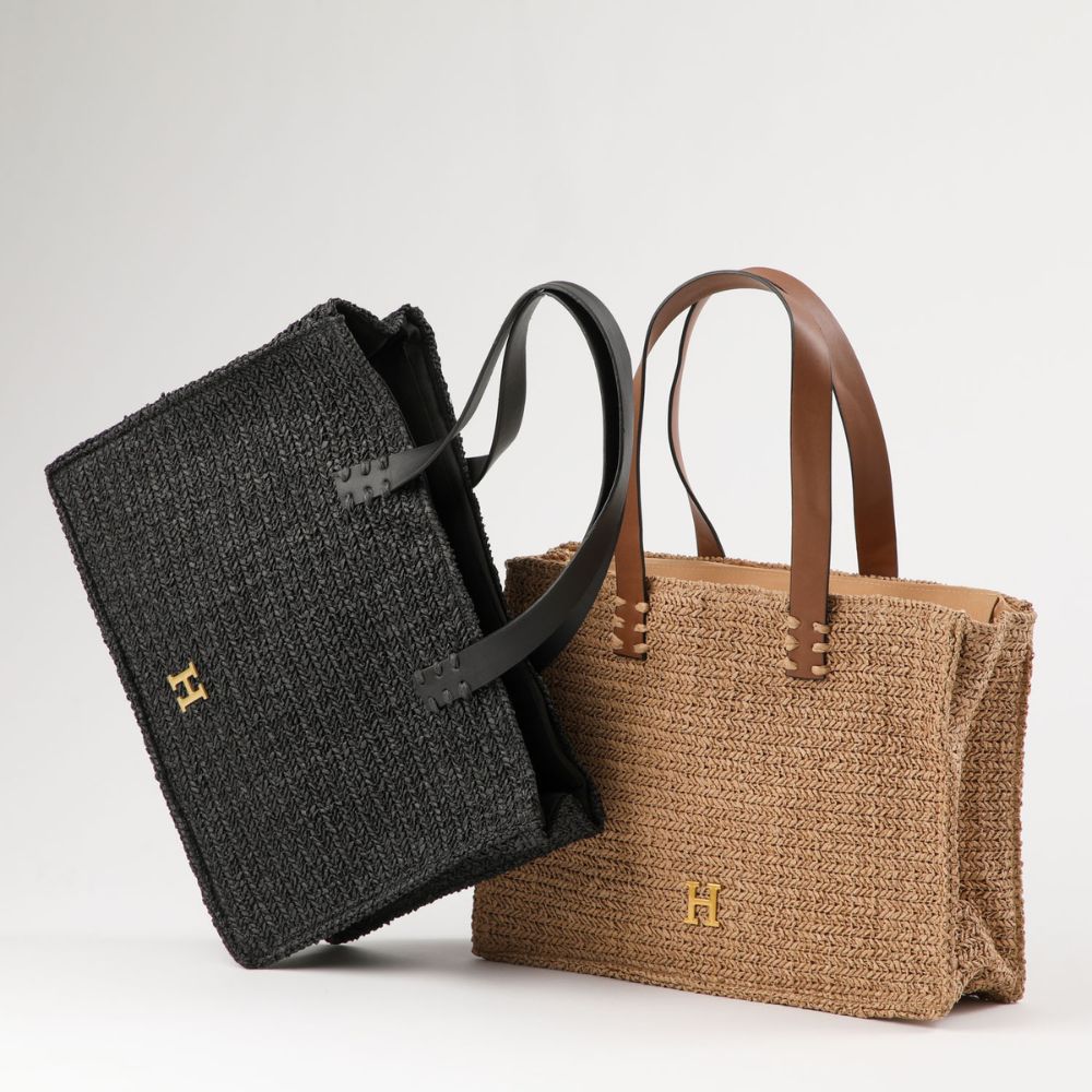 Cartera Tote Meli Tipo rafia tejida negro Playa Humana
