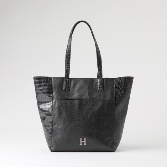 Cartera Tote Bella Ecocuero Croco Negro Humana