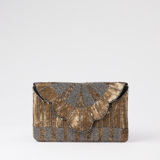 Cartera De Fiesta Mostacilla Abanico Dorado Humana