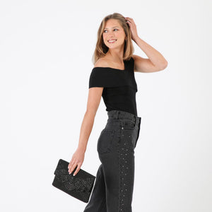 Cartera De Fiesta Mostacilla Abanico Negro Humana