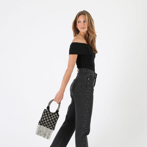 Cartera De Fiesta Bordado Flor Negro Humana