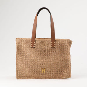 Cartera Tote Meli Tipo rafia tejida café Playa Humana