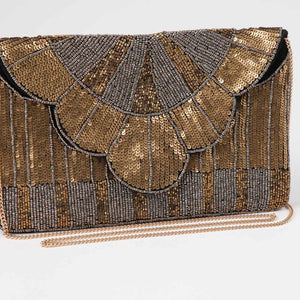 Cartera De Fiesta Mostacilla Abanico Dorado Humana