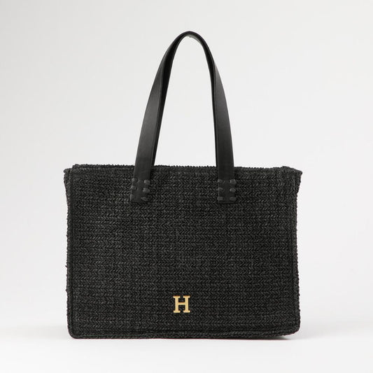 Cartera Tote Meli Tipo rafia tejida negro Playa Humana