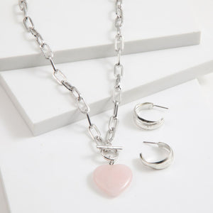 Set de Collar y Aros Pink Heart Plateado Humana