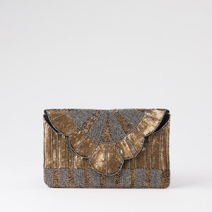 Cartera De Fiesta Mostacilla Abanico Dorado Humana